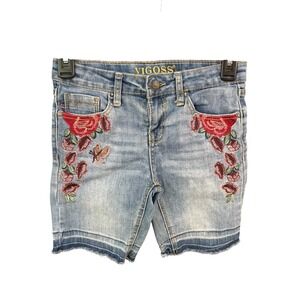 Vigoss Girls Blue Denim Embroidered Floral Butterfly Bermuda Shorts‎ Size 12